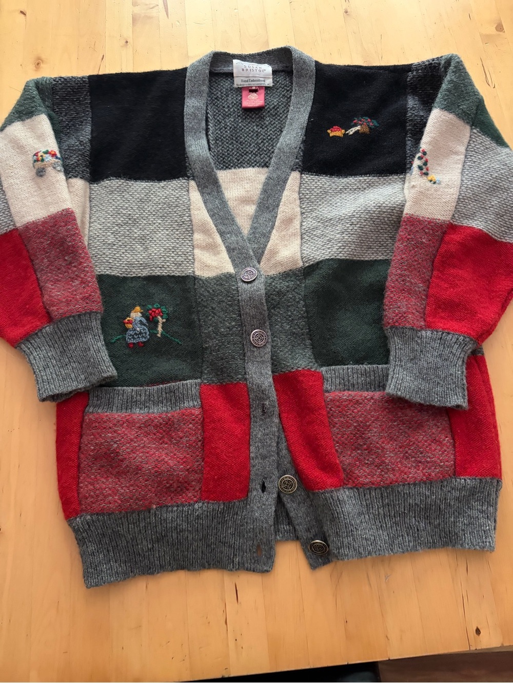 Susan Bristol Gray Hand-Embroidered Wool Cardigan